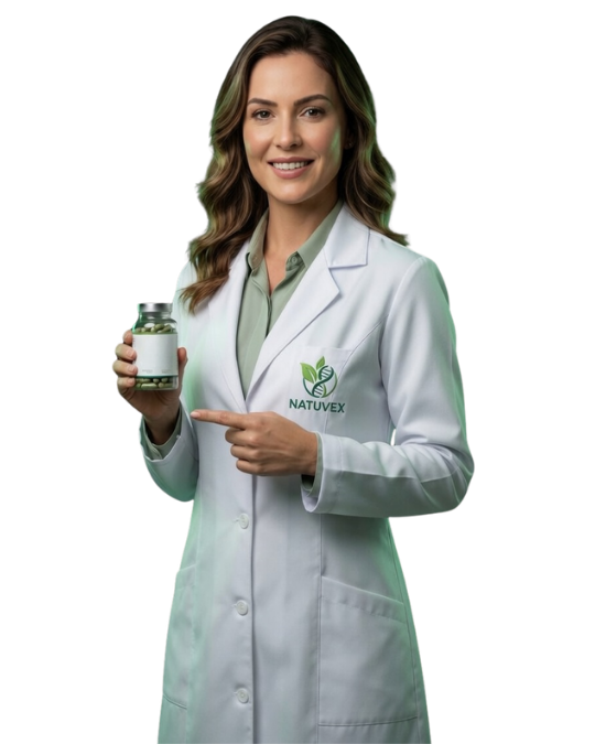 Nutricionista da Natuvex segurando suplemento natural e apontando para informações sobre produtos naturais para saúde e bem-estar